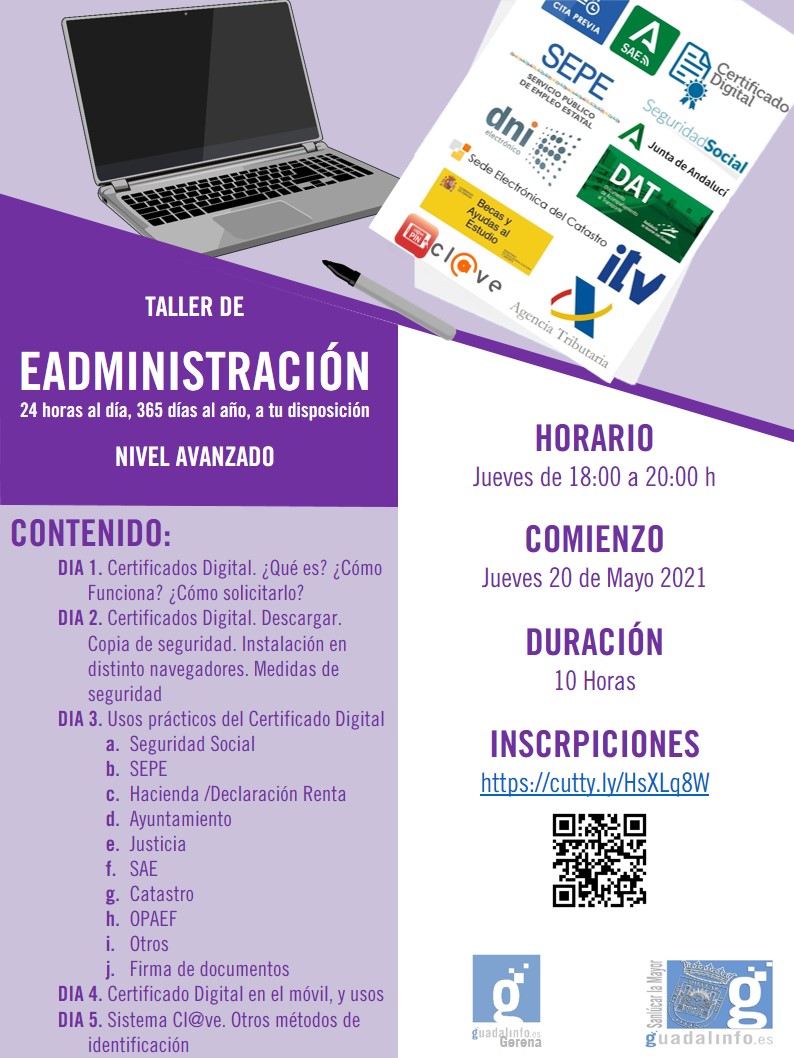 24 horas al día, 365 días al año ¡Olvídate de las colas! 
💬 Contenido: e-Administración
📆 Jueves
⌚ De 18 a 19h. 20 Mayo al 17 Junio 2021
– 📧 guadalinfo.sanlucarlamayor@guadalinfo.es
– 📞 618 26 63 74 
– En la Web del Centro forms.gle/Zx7rffjm4BCa86…
¡¡¡Plazas limitadas!!!