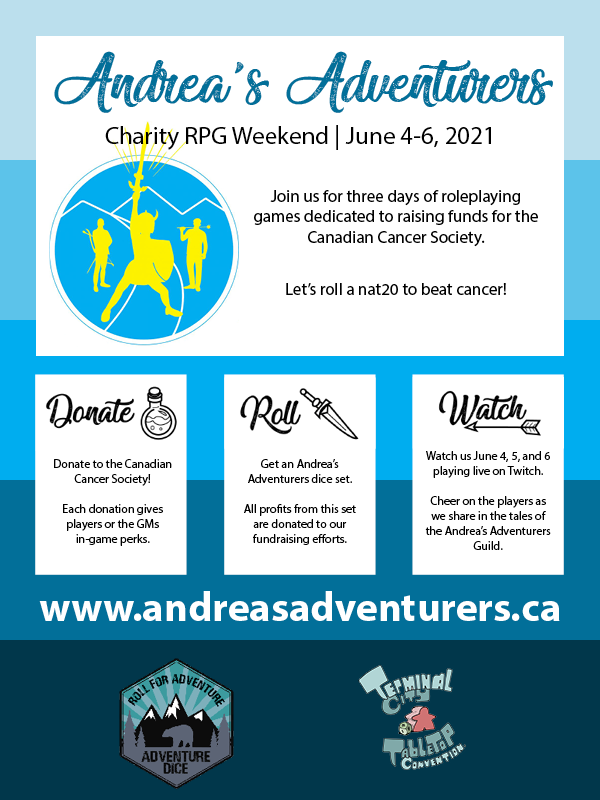 AdventureDice's tweet image. Join us June 4-6 for #AndreasAdventurers charity RPG weekend!

Your donations can have an influence on the games, so tune in for three days of adventures.

Let’s roll a nat20 to beat cancer. Learn more at andreasadventurers.ca