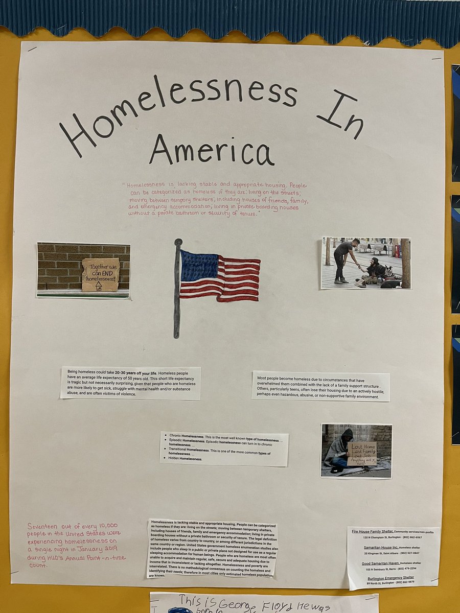 A student learned about homelessness in America and made a poster to teach others about the issue.  #socialjusticeexploration  #mtsdvt  #sschat  #vted
