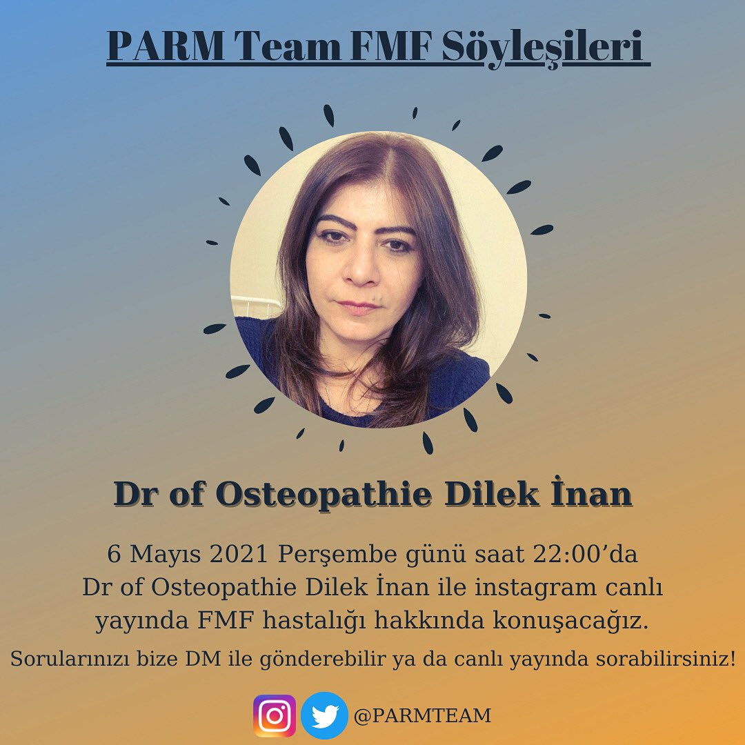 ParmTeam's tweet photo. 6 Mayıs 2021 Perşembe günü saat 22:00’da
Dr of Osteopathie Dilek İnan ile instagram canlı yayında FMF hastalığı hakkında konuşacağız.

Sorularınızı bize DM ile gönderebilir ya da canlı yayında sorabilirsiniz!

@RaDiChallenge 
@CihanTastan_PhD 
@fmfgrubu https://t.co/UernygdPSW