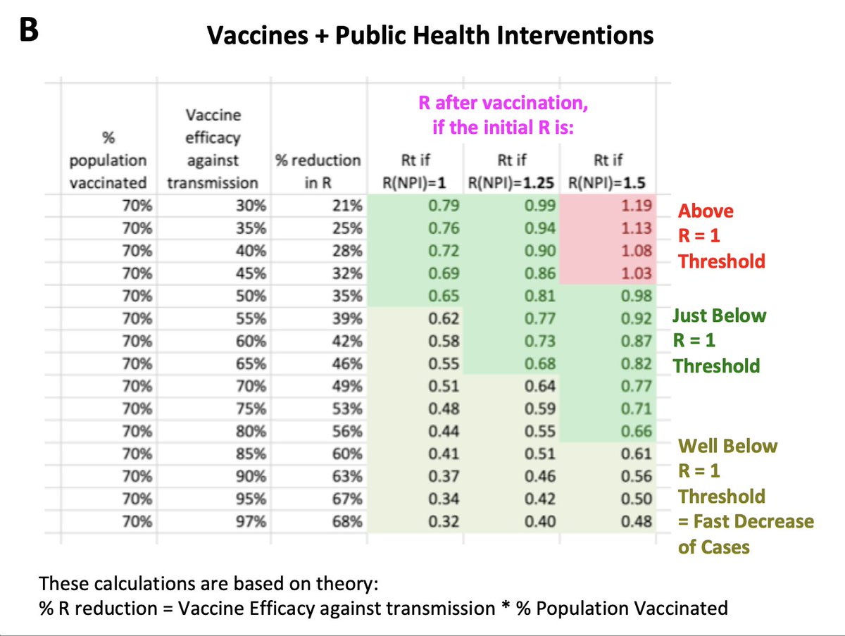 Re Vaccines and the "Best Summer Ever":W/o public health measures vaccines most likely won't end the pandemic (A)W/ public health measures vaccines are an amazing tool to help us *stop the virus spread* very fast (B)@ R=0.5 one can get from 1000 daily cases to 0 in just 40d