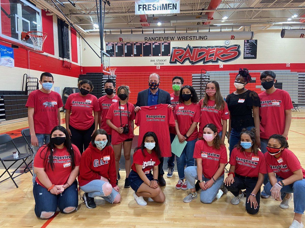 jaredpolis's tweet photo. Great visiting @RHSExcellence today, where students from the Social Justice Club put on a vaccination clinic for their 16+ classmates and community members. Go Raiders! https://t.co/soJSZ7oSbH