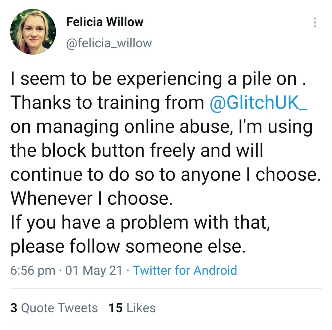 Fawcett and Felicia 's tweets get so little engagement from ordinary women outside of the Westminster-voluntary sector backslapping bubble that experiences women asking why Fawcett will not lift a finger for sex based rights as a pile on of abuse ...