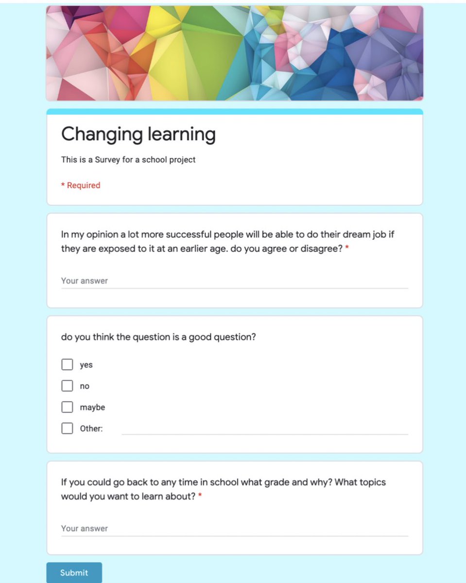 This student learned about education reform and created a survey to see what older students thought of changing the way we learn in schools.  #socialjusticeexploration  #mtsdvt  #sschat  #vted