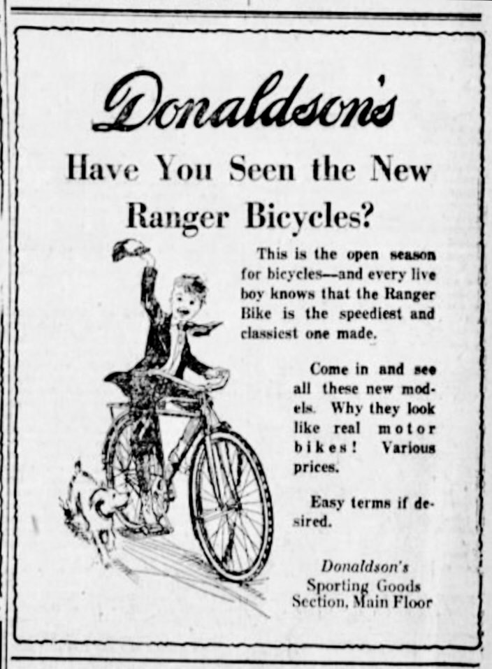 Minneapolis Tribune, 100 years ago today: Four ads from a half-page section about Bicycle Week, April 30 - May 7, 1921  #OTD