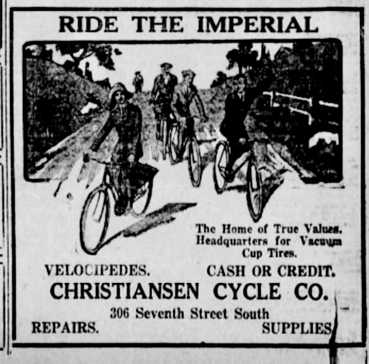 Minneapolis Tribune, 100 years ago today: Four ads from a half-page section about Bicycle Week, April 30 - May 7, 1921  #OTD