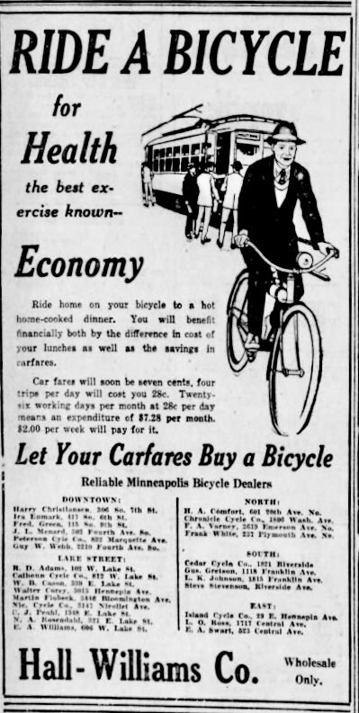 Minneapolis Tribune, 100 years ago today: Four ads from a half-page section about Bicycle Week, April 30 - May 7, 1921  #OTD