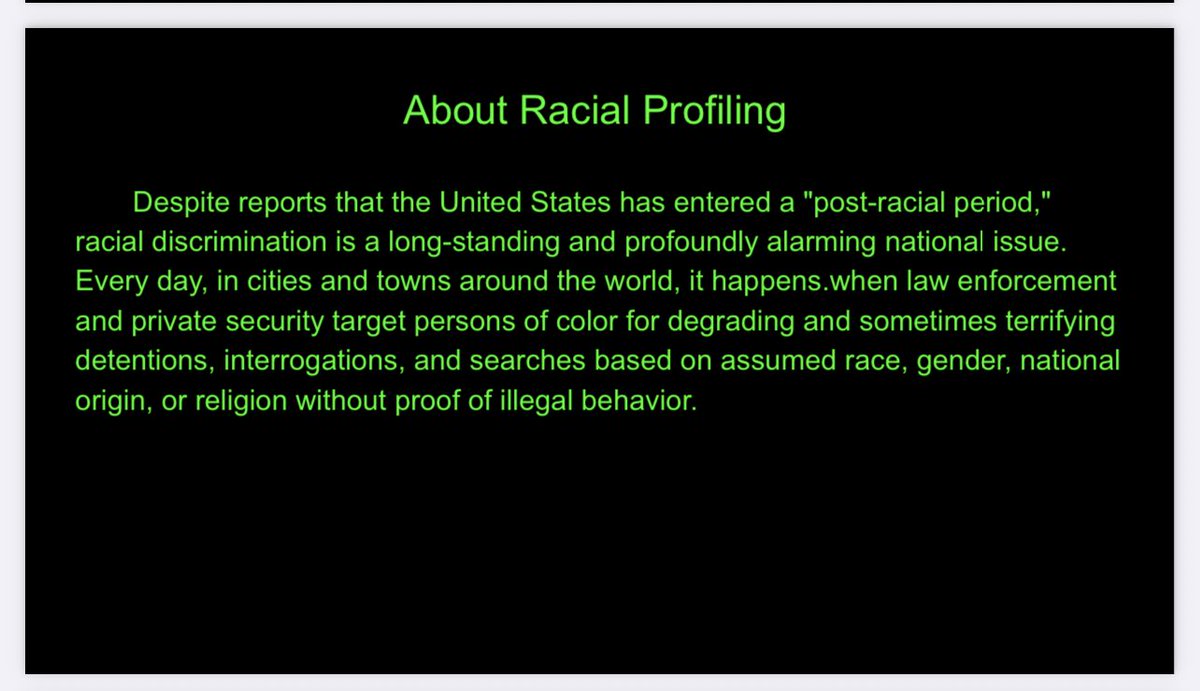 This student learned about racial profiling and made a slideshow to raise awareness about the issue.  #socialjusticeexploration  #mtsdvt  #sschat  #vted