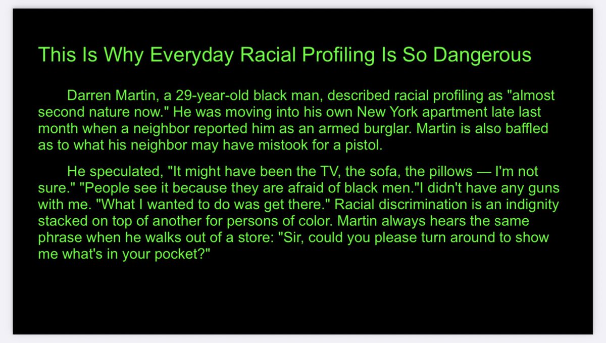 This student learned about racial profiling and made a slideshow to raise awareness about the issue.  #socialjusticeexploration  #mtsdvt  #sschat  #vted
