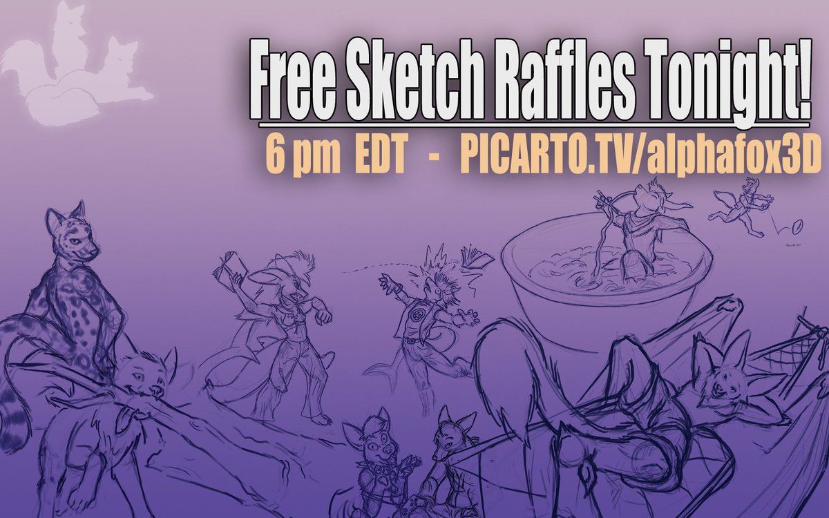 It's #ArtRaffle time! Come try to win a #freeSketch from <a href="/Taurin_Fox/">Taurin Fox</a> starting at 6pm Eastern US time over at picarto.tv/alphafox3d #furryart