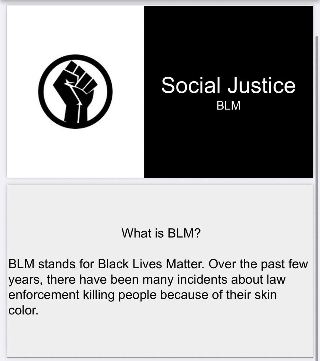 This student learned about Black Lives Matter and made a slideshow that they are going to present at our next social justice club meeting.  #socialjusticeexploration  #mtsdvt  #sschat  #vted