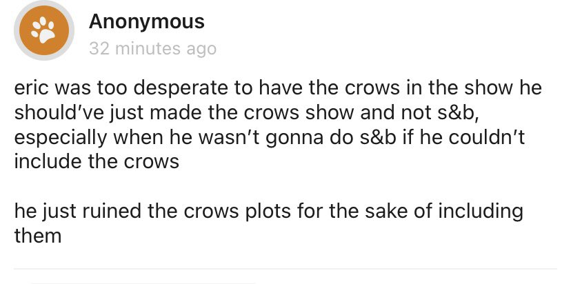 i think we can all agree that the crows deserved their own show
