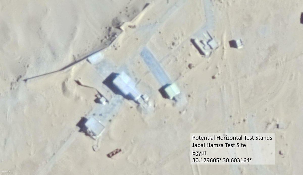There are also two structures looking suspiciously like horizontal solid propellant test stands at the Jabal Hamza site, one of which was built between 2013 and 2016.