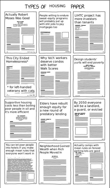 "Types of Housing Papers"* Why tech workers deserve condos with better walk scores* Design students' yurts will end poverty* Supportive housing costs less than boiling poor people in oil and it's more efficient https://wolfliving.tumblr.com/post/650004131207053312/design-students-yurts-will-end-poverty14/