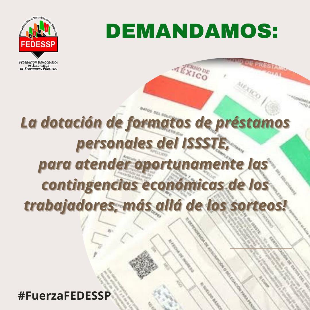 Los Sindicatos integrantes de la @FEDESSP DEMANDAMOS‼️la dotación de Prestamos Personales del <a href="/ISSSTE_mx/">ISSSTE</a> de manera directa. Es un derecho que por Ley nos corresponde; los Sorteos no cubren las apremiantes necesidades que tenemos. #NoalosSorteos <a href="/agusaviles1/">Agustín Avilés</a> <a href="/marudavalos29/">Maru Dávalos</a> 🇲🇽