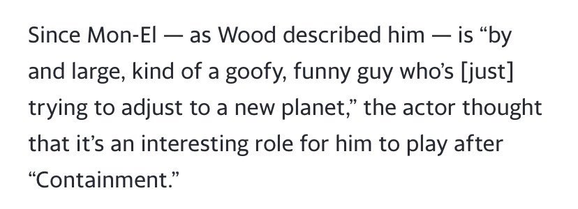 fuck it,, here’s a thread of all the things cw00d has said in defense of mon-el:i’ll start off with this. he describes mon-el as a “goofy, funny guy” and of course.. the infamous “puppy” tweet