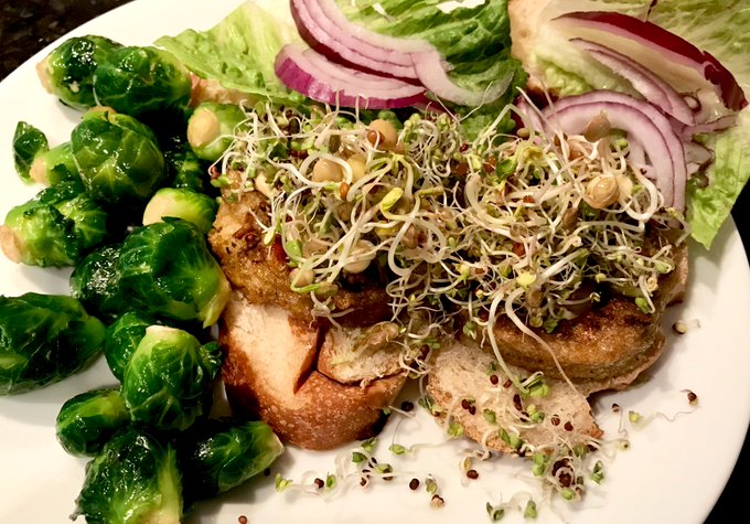 Made jackfruit crab cakes for dinner with all my homegrown sprouts on top (broccoli, lentil, radish)😍<a href="/tag/veganfood"class="tags"><span>#veganfood</span></a>