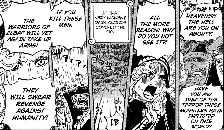 For context, the moment where Big Mom stopped the execution of the giants is around 105 years before the current timeline.Notice how she mentions that the giant would 'yet again' wreck havoc in the world.This could connect into the giant straw hat.