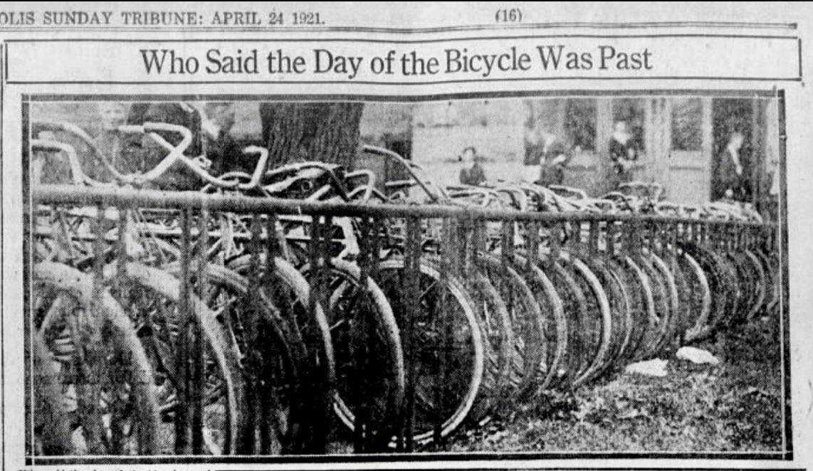 A theme of spring 1921 bicycle-related coverage in Minneapolis papers: Bicycles had been a craze, went “out,” and were resurgent. (Tribune, April 24, 1921)