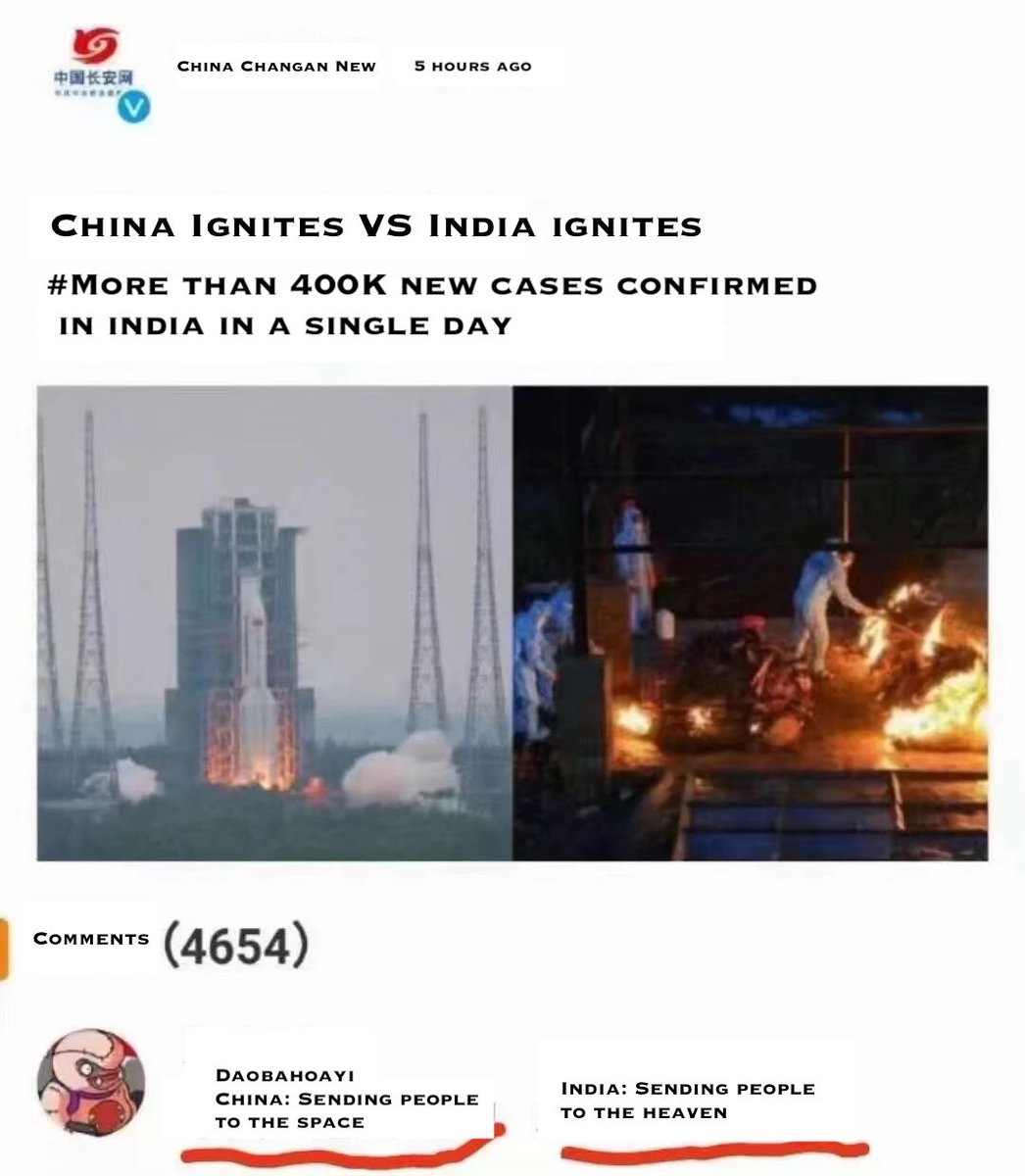 jenniferzeng97's tweet image. A post of the official account of #CCP's Political &amp;amp; Legal Affairs Committee and its English translation. The post says while CCP ignites fire to send rockets to space, #India ignites fire to burn bodies with more than 400K new cases.  I've never such disgusting comparison.