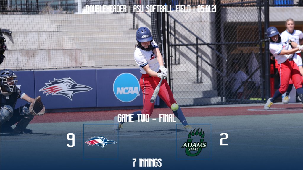 RoadrunnerSB's tweet photo. FINAL | #MSUDenver 9, Adams State 2

🥎 Kami Grammerstorf: 3-for-4, 1 R, 2 RBIs, 2 3Bs, 1 SB
🥎 @_kbanks27: 2-for-2, 3 R, 1 2B, 1 3B
🥎 @AriannaValdez18: 1-for-3, 2 RBIs, 1 2B
🥎 @DestineeeLopez: 6 IP, 4 H, 2 ER, 4 K

That's a sweep on the day for the Roadies! 🧹

#GetRowdy🔴🔵 https://t.co/cLUeqlyxGH