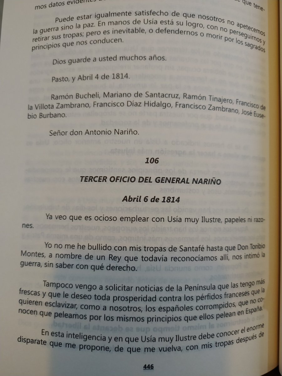 arkosj's tweet image. Acá les dejo una de las cartas que envió Nariño a Pasto antes de atacar la ciudad. Era algo así como: 'o se unen a la causa patriota o los convertimos en cenizas".

Fuente: Por qué fueron realistas los pastusos, de Emiliano Díaz del Castillo.