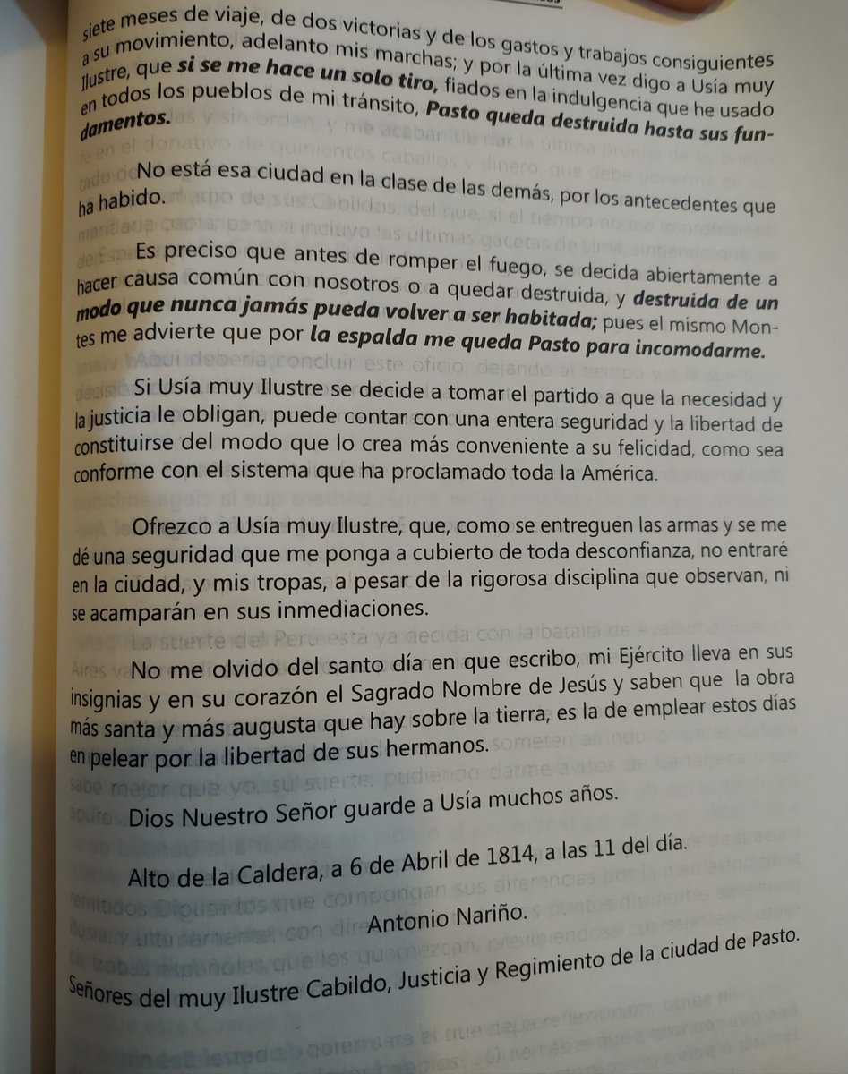 arkosj's tweet image. Acá les dejo una de las cartas que envió Nariño a Pasto antes de atacar la ciudad. Era algo así como: 'o se unen a la causa patriota o los convertimos en cenizas".

Fuente: Por qué fueron realistas los pastusos, de Emiliano Díaz del Castillo.