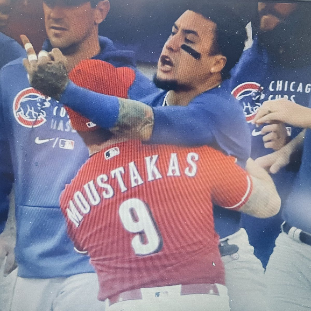WrigleyLounge's tweet photo. Javy letting Amir Garrett know how many World Series Rings he has #CubTogether https://t.co/WC4VuYu3QK