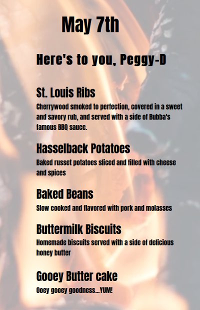 This week’s menu in honor of <a href="/PeggyDe5/">Peg DeGrassa</a>