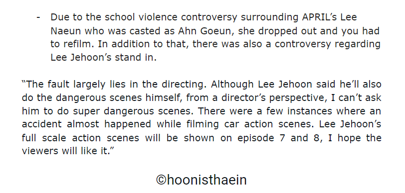 "Although Lee Jehoon said he’ll also do the dangerous scenes himself, from a director’s perspective, I can’t ask him to do super dangerous scenes. There were a few instances where an accident almost happened while filming car action scenes." #TaxiDriver  #모범택시  #LeeJehoon