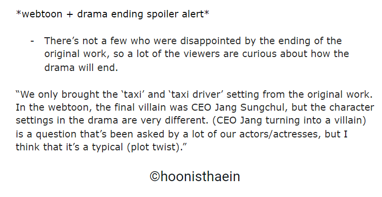 *webtoon spoiler alert in pic*“We only brought the ‘taxi’ and ‘taxi driver’ setting from the original work, but the character settings in the drama are very different." #TaxiDriver  #모범택시