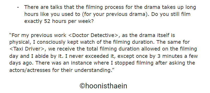 "I never exceeded the allowed total filming duration, except once by 3 minutes a few days ago. There was an instance where I stopped filming after asking the actors/actresses for their understanding.” #TaxiDriver  #모범택시