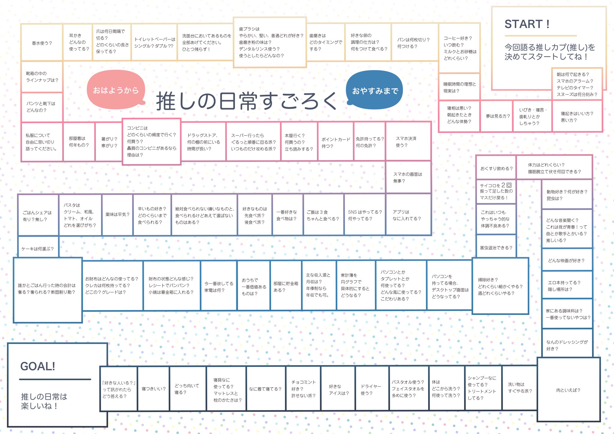 2shino 推しの日常をネチネチ掘り下げるすごろく を作りました レクリエーションによし 推しの考察ツールによし キャラ単体でもカプでも遊べます ただしいちゃつき要素は皆無です 推しの生活臭を感じたい方向け 自作発言は困りますがご自由に遊んで