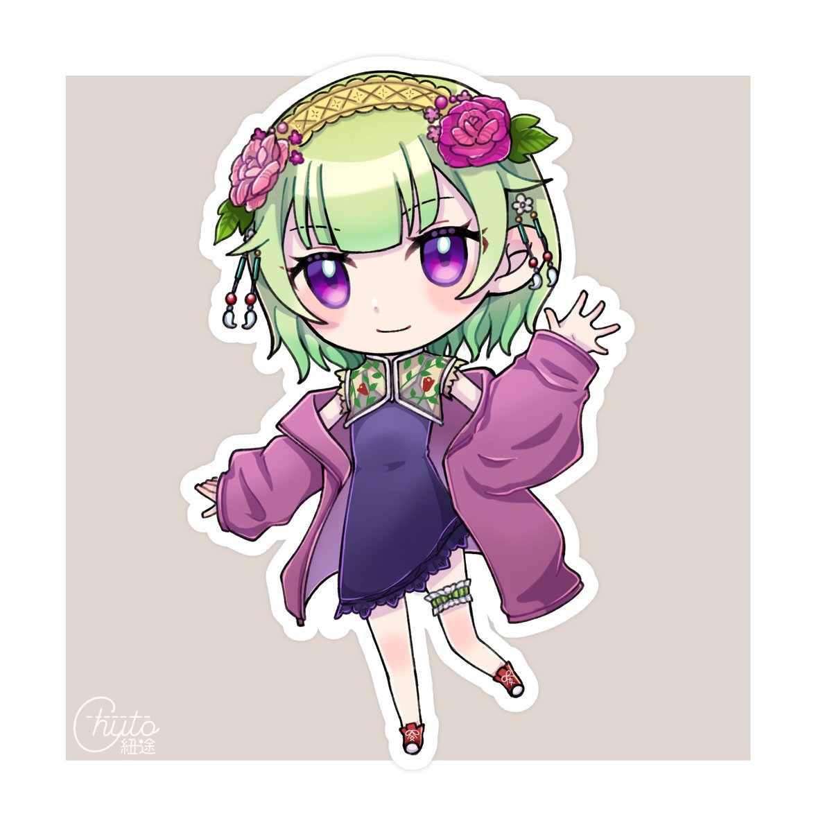 紐途 ちゅうと 本日配信で描かせていただいた西森鈴さんのミニキャライラストです おしゃれな衣装 髪飾り 描いていてとても楽しかったです ありがとうございました あーと召喚中 Vtuber 新人vtuber お絵かきvtuber