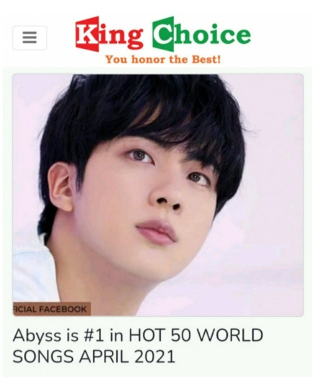 jinmemoir's tweet photo. [#JinMedia] Abyss ranked #1 on KingChoice poll "HOT 50 WORLD SONGS APRIL 2021" #Abyss4thWin💙

Like &amp; share👇 (⚠️1 hr left for ranking update )
1⃣https://t.co/zJKVPlC0nq
2⃣https://t.co/17X2oUZEeE
3⃣https://t.co/wOI1kwRVIM
4⃣https://t.co/N96pk0nkCd

#JIN @BTS_twt https://t.co/NxRfPW7imx