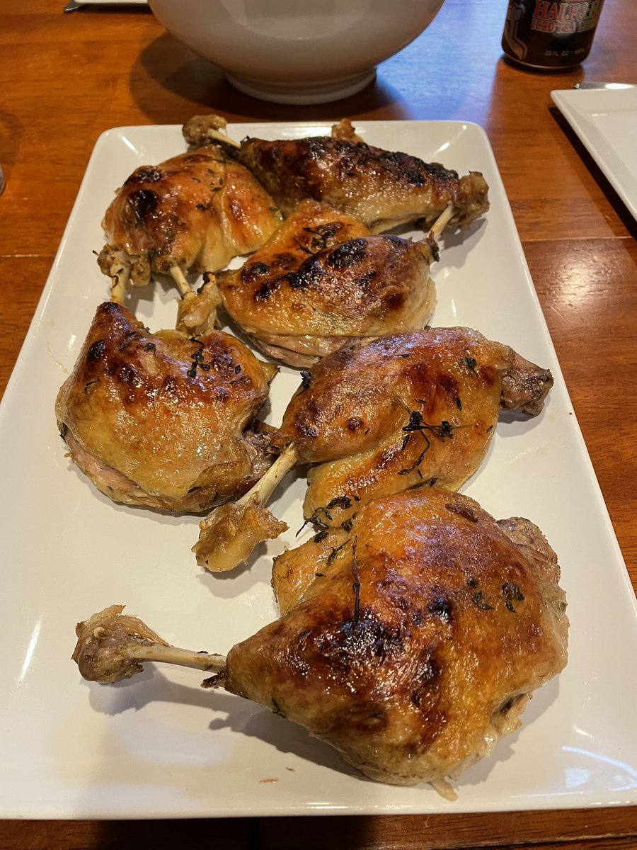 Duck confit…..it was soooooo good. Rich, beyond tender. Served it with a blueberry-merlot Demi glace.  Sides were roasted potatoes with duck fat and grilled asparagus.