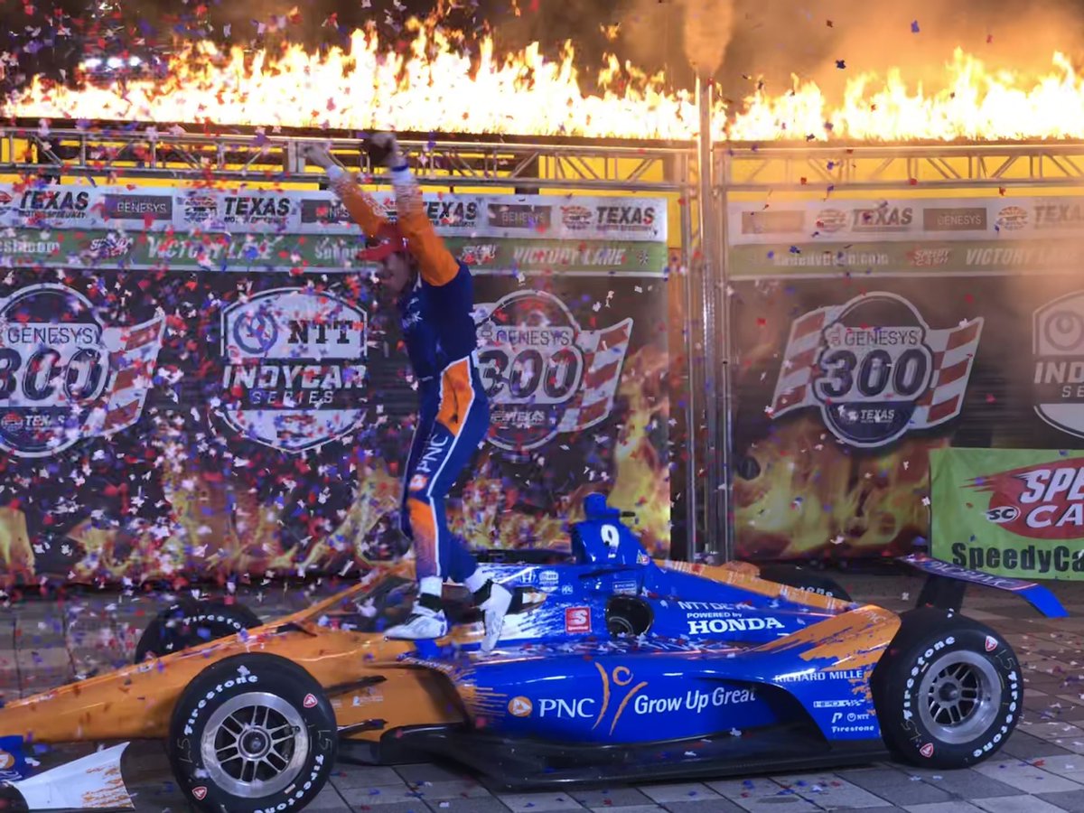 WINNER! @scottdixon9 jumps for joy after dominating at @TXMotorSpeedway in the @IndyCar #Genesys300 race.