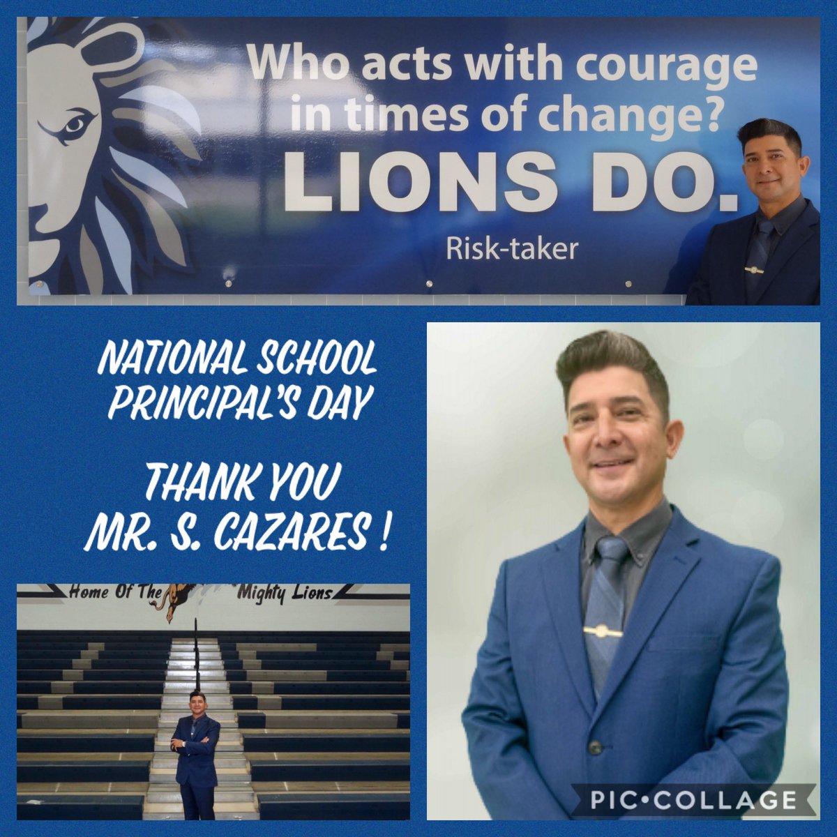 ToniGSaenz's tweet photo. Happy National School Principal’s Day to our awesome leader Mr. S. Cazares.  Thank you for your support, your kindness &amp; caring spirit.  You’ve made this challenging year so much easier to deal with.  Thanks for all you do for your students &amp; staff ! #LionPride @deleon046 https://t.co/4jyAXCsPQi