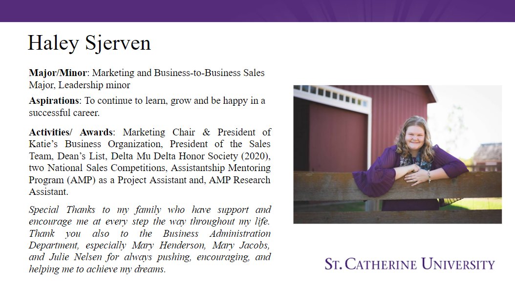 kboscu's tweet image. Congratulations to our President, Haley Sjerven, who was recognized as the 2021 Outstanding Senior Marketing Major at the Business Awards Banquet on April 30th, 2021! Congratulations Haley! ✨🥳🎉