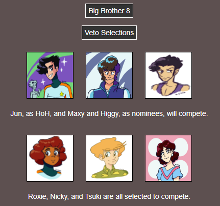 Text: Veto Selections. Jun, as HoH, and Maxy and Higgy, as nominees, will compete. Roxie, Nicky, and Tsuki are all selected to compete.