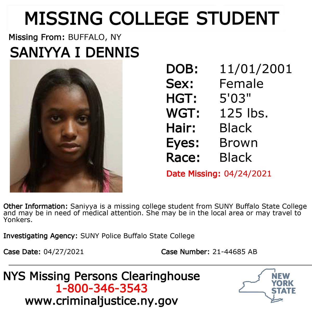 BuffaloStateUPD's tweet photo. Please continue to support Sanniya’s family and our efforts to locate her. Anyone with information that may be of assistance is asked to contact UPD at (716) 878-6333 or police@buffalostate.edu, or use the anonymous tip line at (716) 878-3166. https://t.co/0MFHagabX3 https://t.co/ks5qmoGGTb