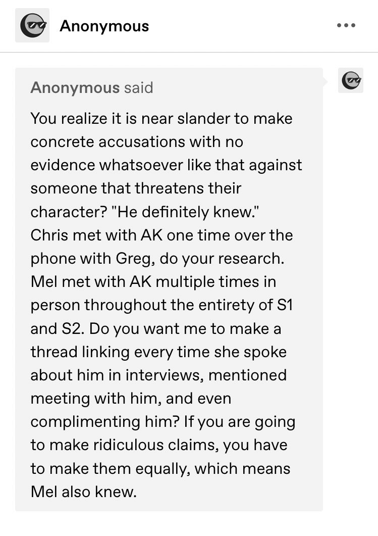 and to clarify: yes, if chris knew, they all probably did. but we’re talking about chris bc chr*s is the one who played and defended his self insert character, while claiming that he always speaks up against inappropriate things in the workplace.