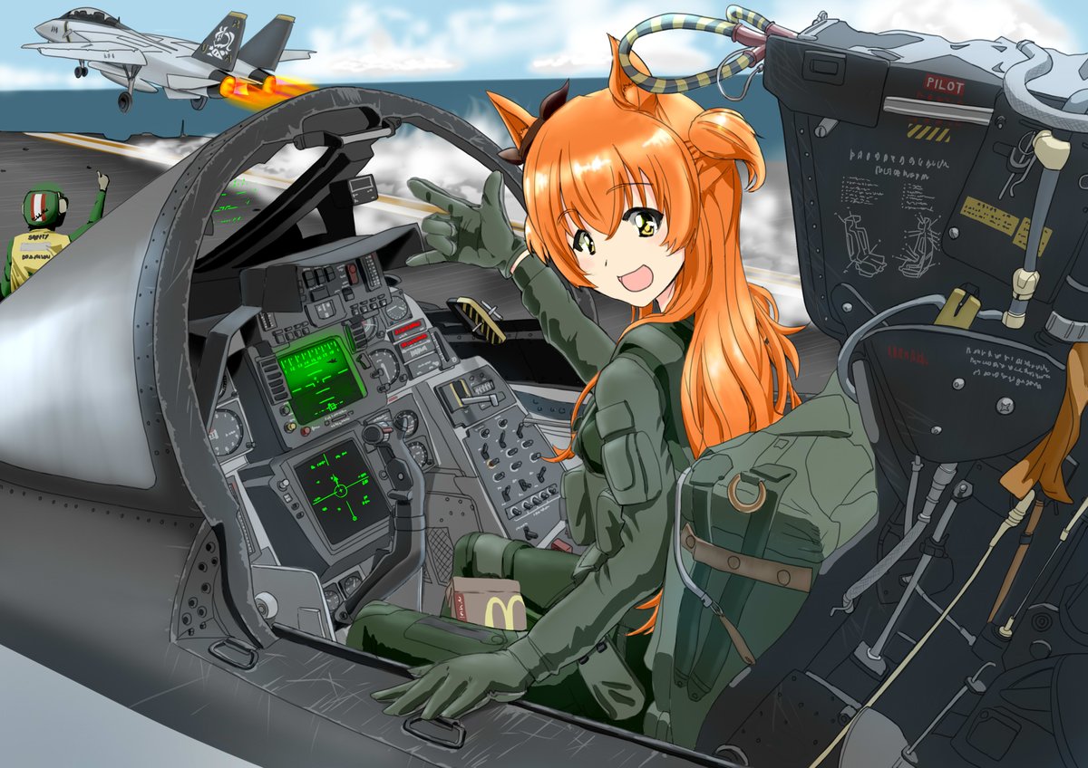 mayano top gun (umamusume) 1girl animal ears airplane aircraft horse ears fighter jet horse girl  illustration images