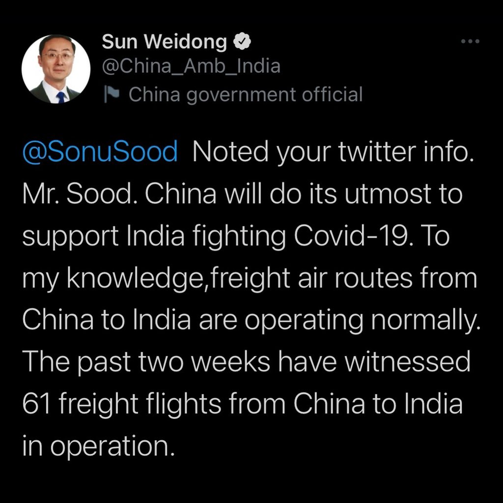 filmfare's tweet photo. Mere hours after actor #SonuSood tweeted that China was blocking lots of consignments of oxygen concentrators to India that he had ordered, the Chinese Ambassador in New Delhi has responded. https://t.co/Hx4mgRVJez