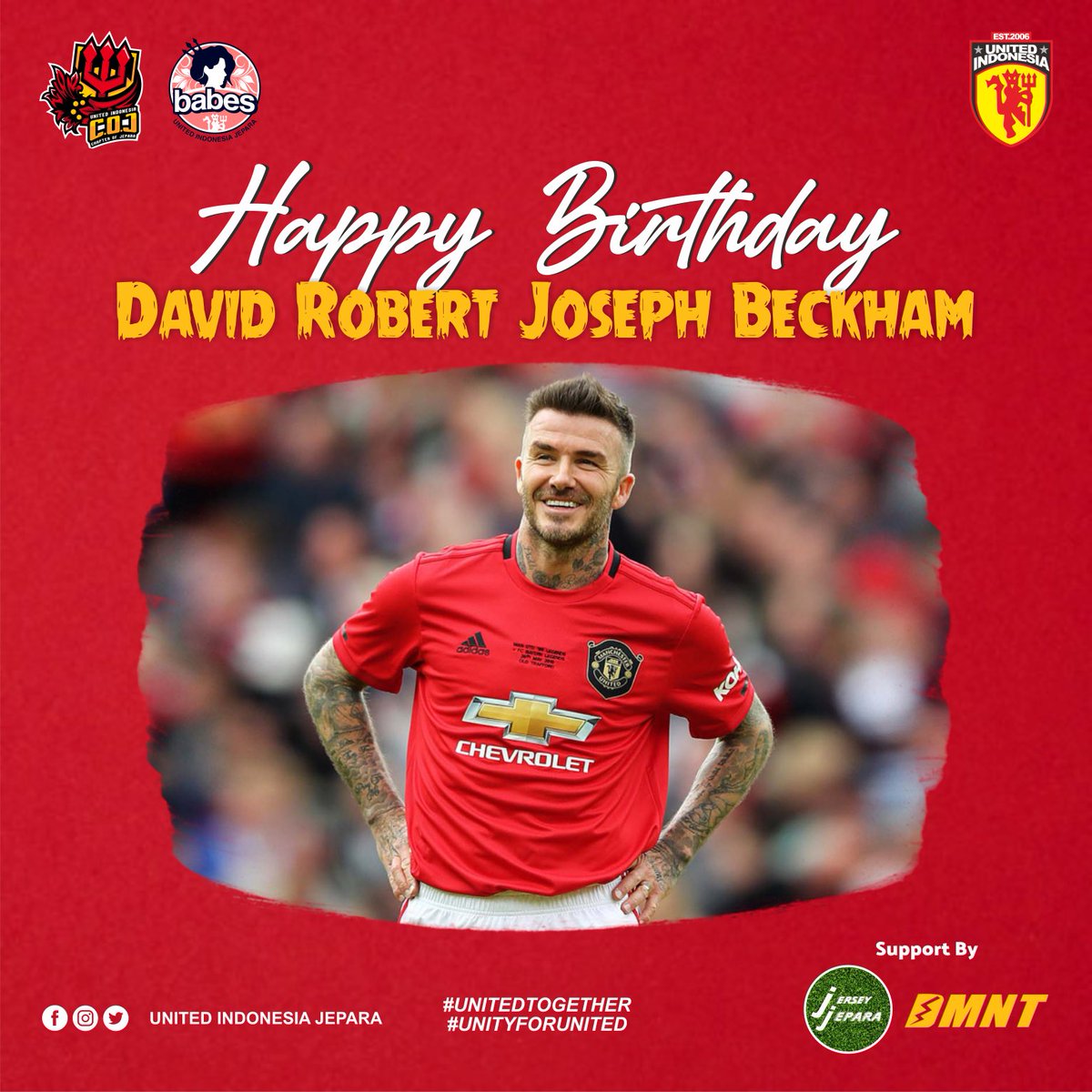 UtdIndonesiaJAP's tweet photo. ๐ Selamat ulang tahun Panjang umur dan sehat selalu, David Beckham ! ๐.
.
#MediaCOJ
#UnitedIndonesiaJepara
#UnitedIndonesia
#UnitedTogether
#UnityForUnited https://t.co/fOXRcgPxVo