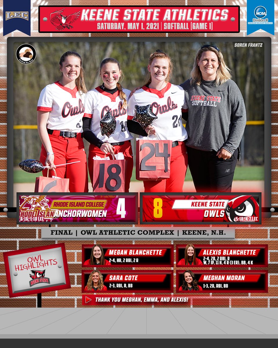 KeeneStateOwls's tweet photo. Getting it done on senior day! Thank you for everything Meghan, Emma, &amp; Alexis! 🥎🥎🥎 https://t.co/WtDcNQslDW