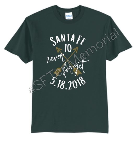 SFTenMemorial's tweet photo. Never Forget our 10. Shirts are on sale at Hart 2 Heart Stitching &amp; Designs to support the Santa Fe Ten Memorial. Your choice of 50/50 or dri fit shirt in green or black. Order online at https://t.co/KLGvWSDKpy or go into the shop to place a customized order. 
#SFTenMemorial https://t.co/3yf1H4UGOi
