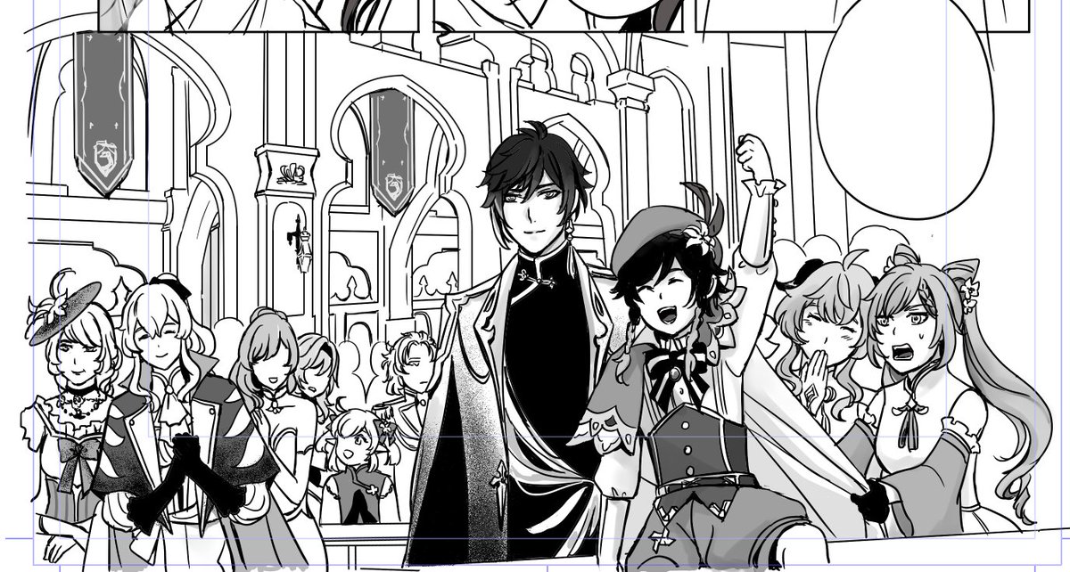 A closer look at this panel hehe. The lady next to Jean is (fanon) Lady Gunnhildr. Only the Knights' top management know who Zhongli and Venti are so they get front seat (Barbara and the Church still don't know). 
