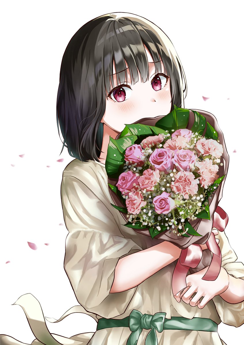 1girl bouquet solo flower black hair white background holding bouquet  illustration images