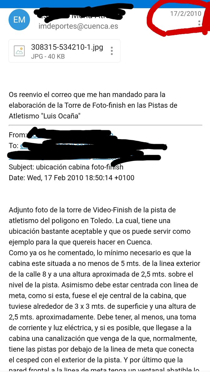 PistaLuisOcana's tweet photo. 🧵Historias de @PistaLuisOcana 🧵
🗼TORRE DE FOTO FINISH (Una continúa reivindicación) 🗼 
17/02/2010  ->Se pone en conocimiento del IMD Cuenca de su necesidad. Además apunta "la cabina este situada a no menos de 5 mts. de la linea exterior de la calle 8 a 2,5 de altura" (sigue.) https://t.co/TAAZf3hmQn